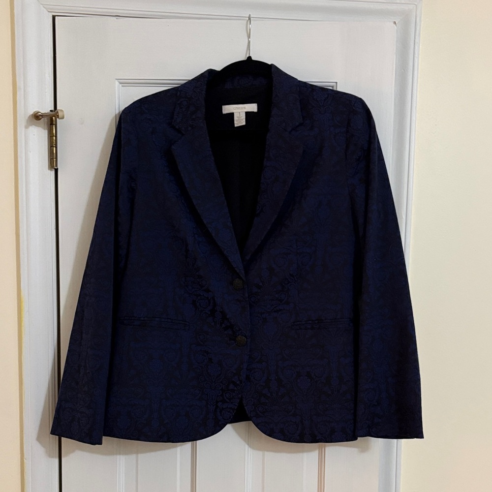 Chico's Navy and Black Jacquard Notch-Lapel Blazer